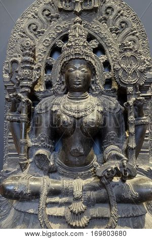 KOLKATA, INDIA - FEBRUARY 09:  Sarasvati, from 12th century found in Halebidu, Kamataka now exposed in the Indian Museum in Kolkata, West Bengal, India on February 09, 2016.