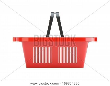 3D illustration of red plastic empty shopping basket. Isolated on white background. Side view