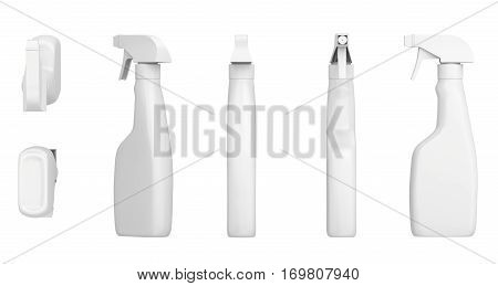 White blank plastic spray detergent bottle isolated on background. Packaging template mockup collection. With clipping Path included. 3d rendering.