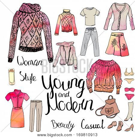 Set with woman casual and sport clothes, watercolor effect. Red and grey color,black contour, objects on white