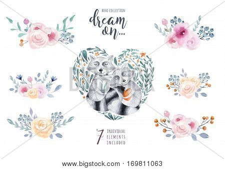 Set of watercolor boho floral bouquets with raccoon. Watercolour bohemian natural frame: leaves, feathers, flowers,  Isolated on white background. Artistic decoration illustration.