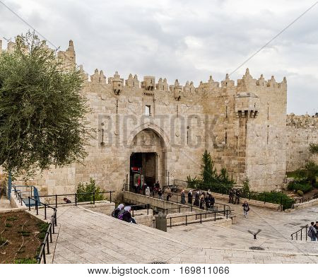 JERUSALEM, ISRAEL - DECEMBER 8: Damascus Gate or Shechem Gate, one of the gates to the Old City of Jerusalem, Israel on December 8, 2016