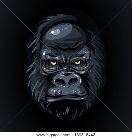 Vector illustration, graphic print, realistic black face gorilla, yellow eyes on a dark background