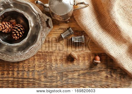 Set of dinnerware on wooden table, top view