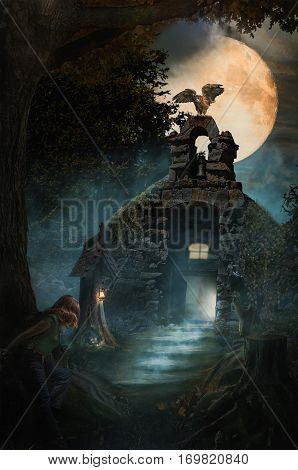 Fantastic castle in the dark forest (illustration of a fictional situation, in the form collage of photos)