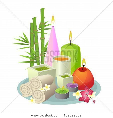 Spa treatment set of white rolled towels, colourful candles in round and rectangular shapes, tropical plants on gray tray. Aromatherapy vector collection of things in eastern style on white.