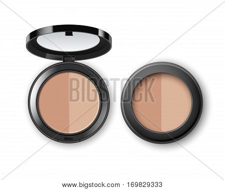 Vector Face Cosmetic Makeup Powder in Black Round Plastic Case with Mirror Top View Isolated on White Background