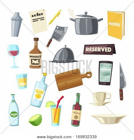 Set of kitchen equipment. Cartoon vector illustration. Food and drink. Restaurant and cafe.