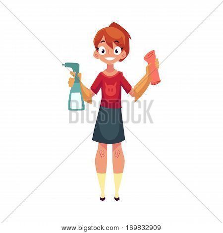 Teenage girl helping to clean the house, holding sprinkler and cloth, cartoon vector illustration isolated on white background. Girl cleaning home with cloth and sprinkler