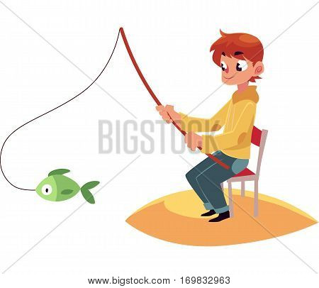 Little boy fishing with a rod sitting on sandy river, pond bank, summer vacation concept, cartoon vector illustration isolated on white background. Little boy fishing from sandy river bank