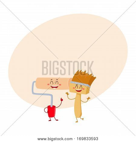 Funny smiling paint brush character and roller tool giving thumb up, cartoon vector on background with place for text. Comic style paint roller and brush building tools, characters, mascots