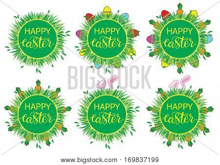 Easter Label With Banny, Eggs And Carrots. Set Of Stickers, Pins, Patches In Cartoon Comic Style.