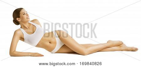 Woman Slim Body Beauty Beautiful Model in Underwear Lying over White Background
