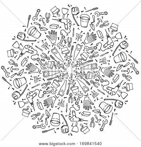 Round vignette repair tools on white background. Mandala house remodel. hand-drawn contour on a white background for children coloring. For adult anti stress coloring book.