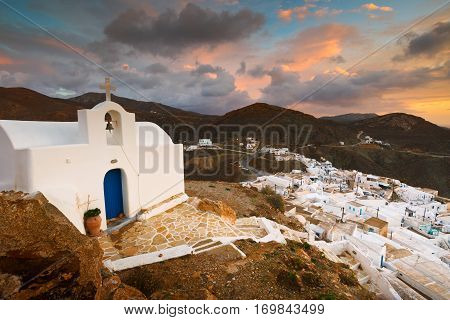 Small traditional church over Chora village on Anafi island.