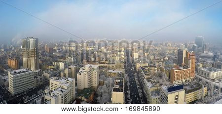 Kiev skyscrapers in winter, Velyka Vasylkivska str., aerial view