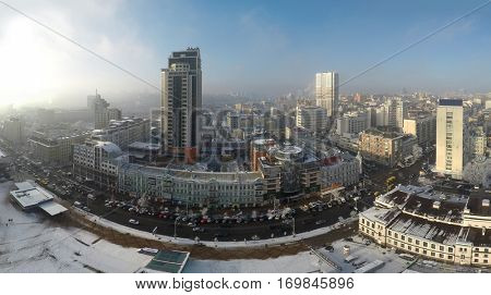 Kiev skyscrapers in winter, Velyka Vasylkivska str., aerial view