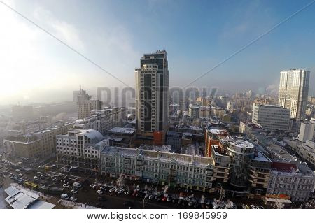 Kiev skyscrapers in winter, Velyka Vasylkivska str., aerial view
