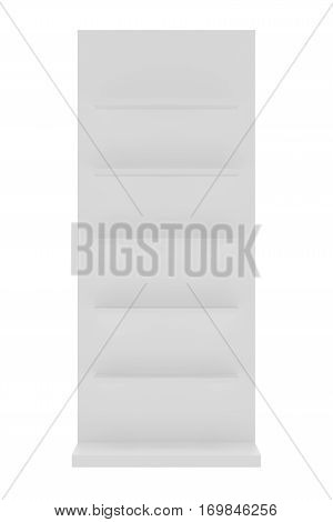 White blank empty showcase displays with retail shelves front view 3D rendering.