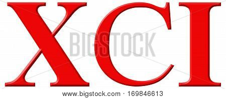 Roman Numeral Xci, Unus Et Nonaginta, 91, Ninety One, Isolated On White Background, 3D Render