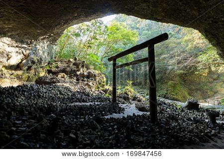 Shinto shrine torii in the cave
