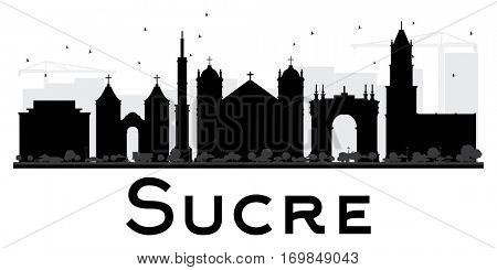 Sucre City skyline black and white silhouette. Vector illustration. Simple flat concept for tourism presentation, banner, placard or web site. Business travel concept. Cityscape with landmarks.