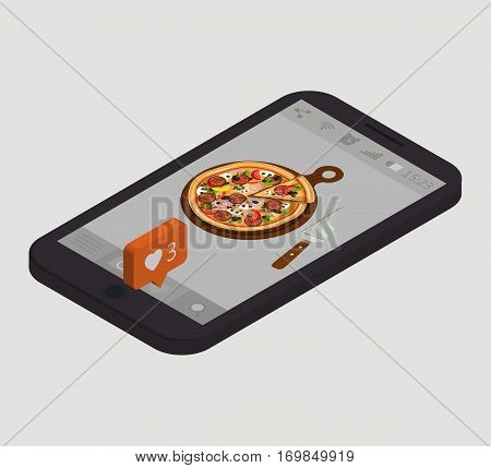 Smartphone. Isometric vector illustration. Pizza photo on mobile screen.