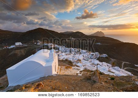 Small traditional church over Chora village on Anafi island.