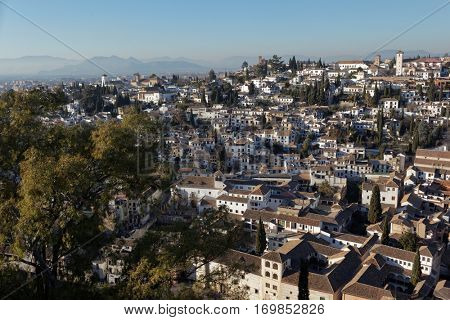 Aerial view to Albayzin from Alhambra, Granada, Spain