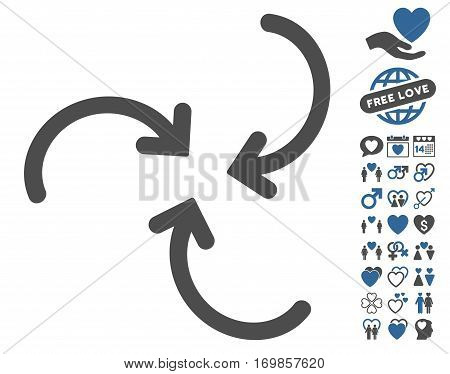 Whirl Arrows icon with bonus love icon set. Vector illustration style is flat rounded iconic cobalt and gray symbols on white background.