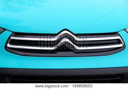 PILSEN CZECH REPUBLIC - DECEMBER 22, 2016: Citroen's new redesigned logo on small car Citroen C1 . The French car manufacturer present in fifty-seven countries.