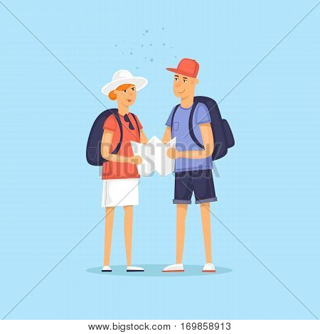 Couple of tourist together on a trip. Character design. World Travel. Planning summer vacations. Flat design vector illustration.