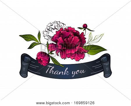 Burgundy peony with leaves. Vector illustration on white background. It can be used for the logo, pattern, wedding invitations, cards, prints, texture fabric or wallpaper.