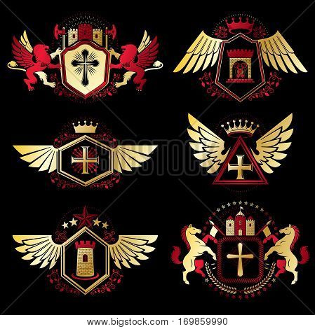 Vintage Decorative Heraldic Vector Emblems Composed With Elements Like Eagle Wings, Religious Crosse