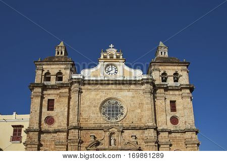 Facade of the historic Iglesia de San Pedro Claver in the Spanish colonial city of Cartagena in Colombia.
