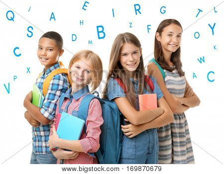 Group of children and alphabet letters on white background. Speech therapy concept