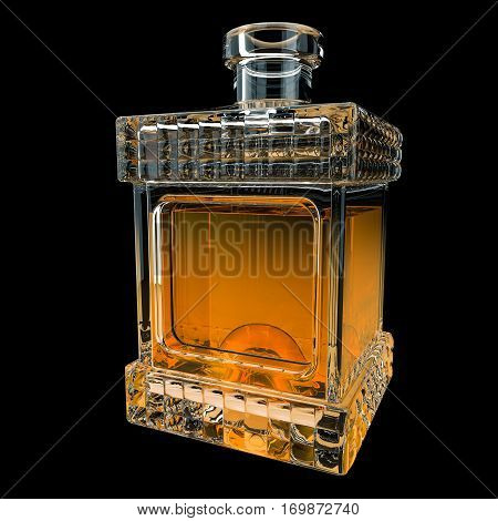 Decanter with whiskey on black background. 3D render