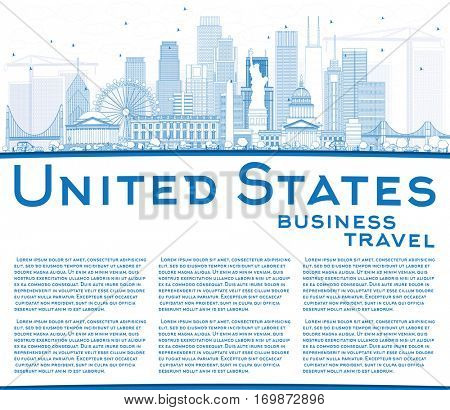 Outline USA Skyline with Blue Skyscrapers, Landmarks and Copy Space. Vector Illustration. Business Travel and Tourism Concept with Modern Architecture. Image for Presentation Banner Placard and Web.