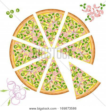 Tasty Pizza, pizza with various ingredients on a white background.