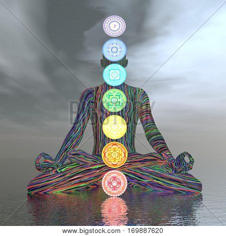 Man meditating with seven colorful chakras upon ocean in cloudy background - 3D render