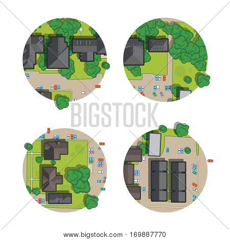 Set of city, top view from the rooftops, trees, cars, highways and town street