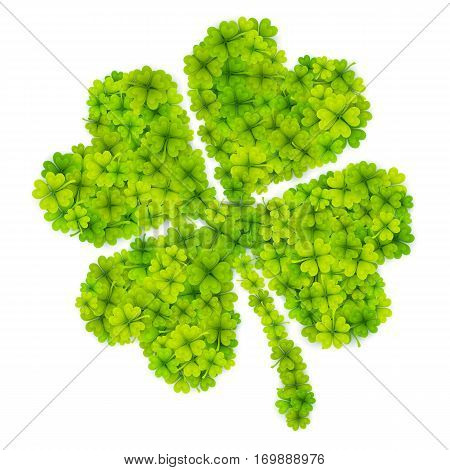 Green vector four-leaf clover shape filled with little clovers isolated on white background