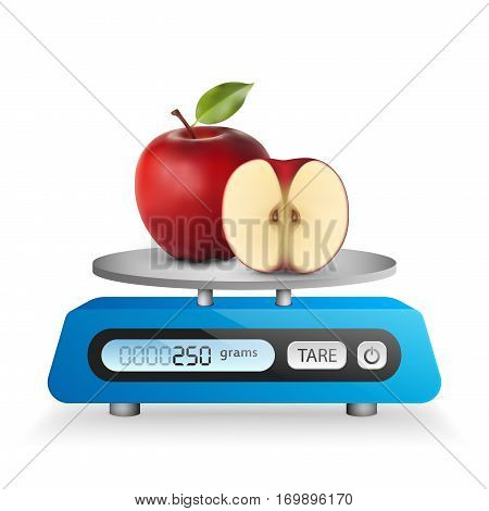 Apple red and slice on blue digital scale vector