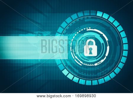 Abstract digital concept touch screen circle interface with internet data security and safety lock and place for text on circuit microchip background. For branding, graphic design.
