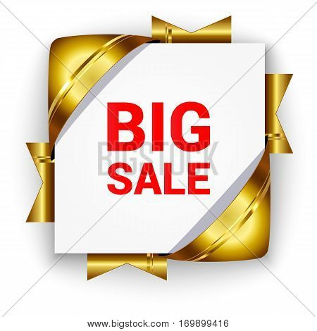 Golden 3D banner for sale. White square background tied with ribbons. Realistic ads for the Internet and print. button for websites.