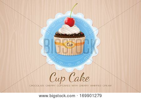 cup cake chocolate cherry on table wood