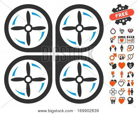 Quadrotor Screws Rotation icon with bonus dating design elements. Vector illustration style is flat iconic elements for web design app user interfaces.
