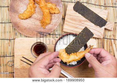 Chef decorated tempura on rice / Cooking Tempura concept