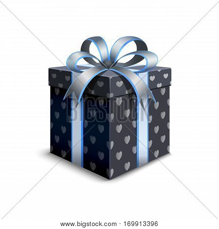 3d packaging Valentine's Day. Realistic dark color packaging. Beautiful festive box tied with ribbon and bow on top. Gift with hearts for your loved one.