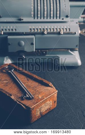 Old Adding Machine. Picture In Dark Style